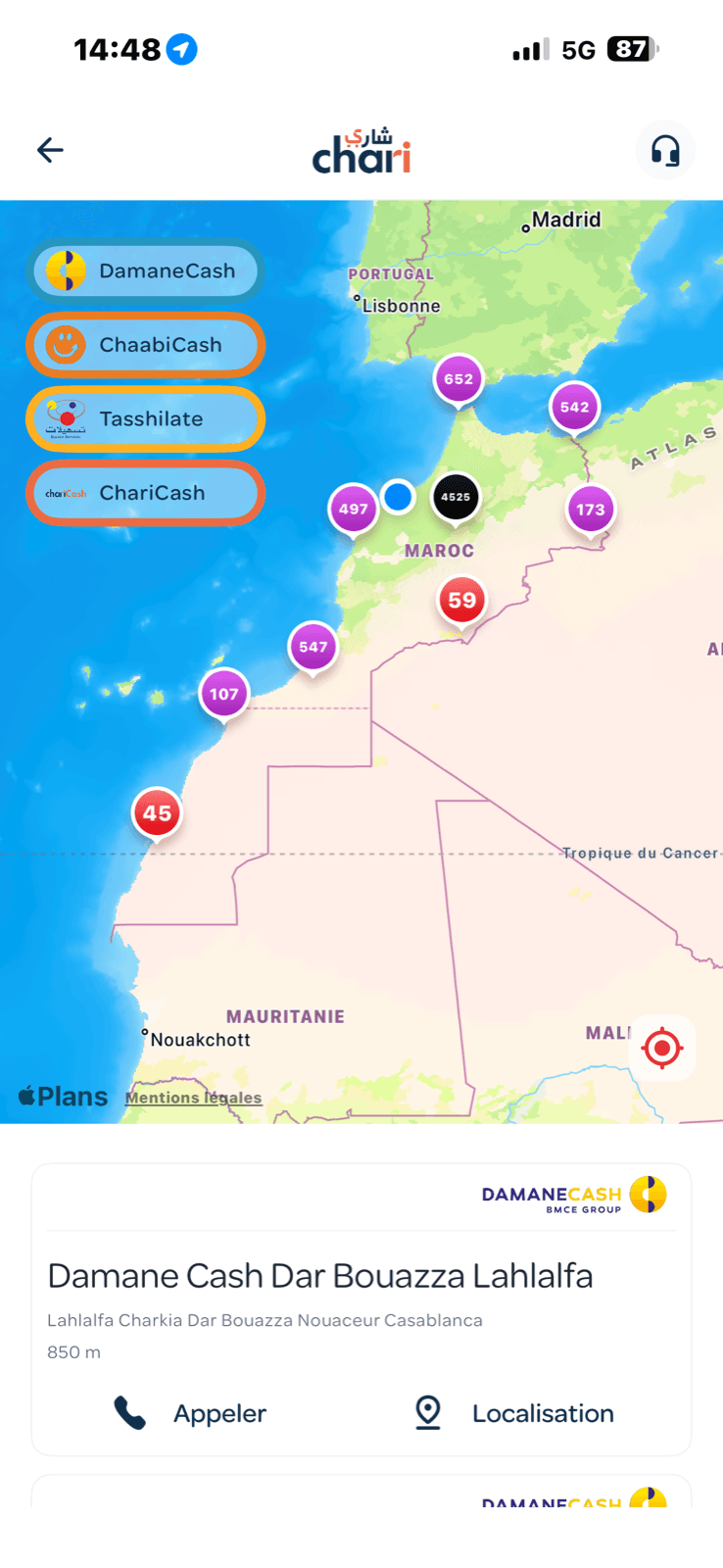 Carte des agences de dépôt d'espèces près de chez soi dans chari.ma