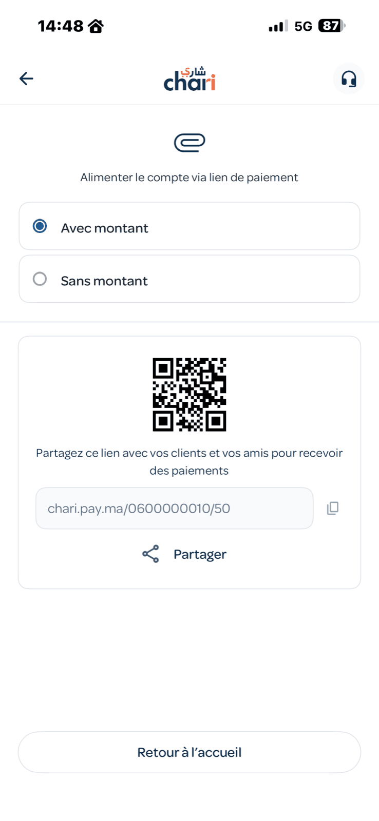 Recevoir un paiement via lien et QR code avec chari.ma