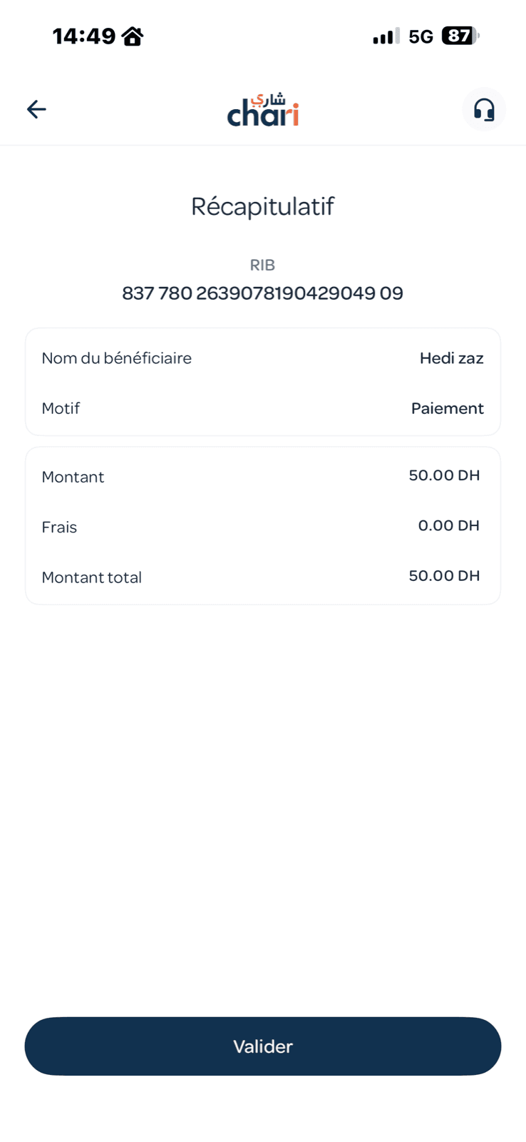 Récapitulatif d'un virement chari.ma avec 0 DH de frais