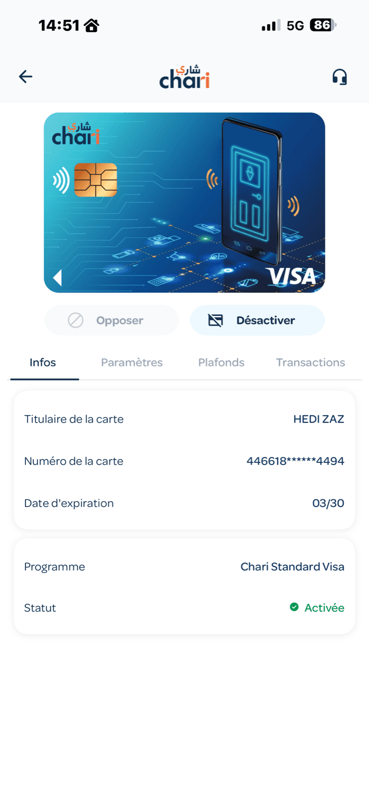 Détail et gestion d'une carte Visa Chari : plafonds, opposition, transactions