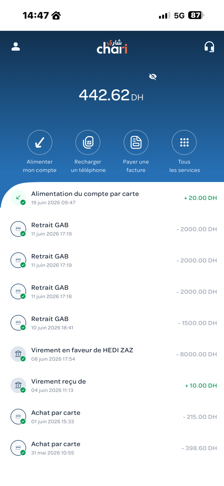 Écran d'accueil de l'app chari.ma : solde du portefeuille électronique et historique des transactions